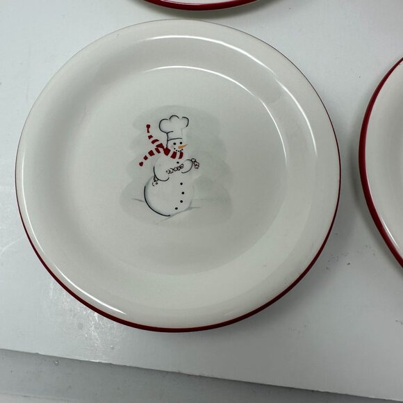 Williams Sonoma Outlet Snowman Chef Plates 6in Red Rim Winter Appetizer Set - Picture 14 of 16